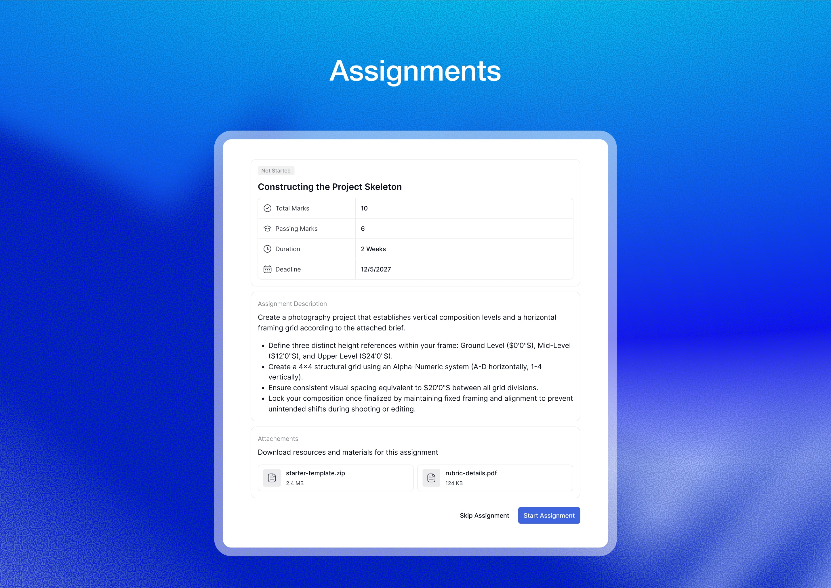 Assignments: Manage submissions, reviews, grading, and learner feedback in one place.