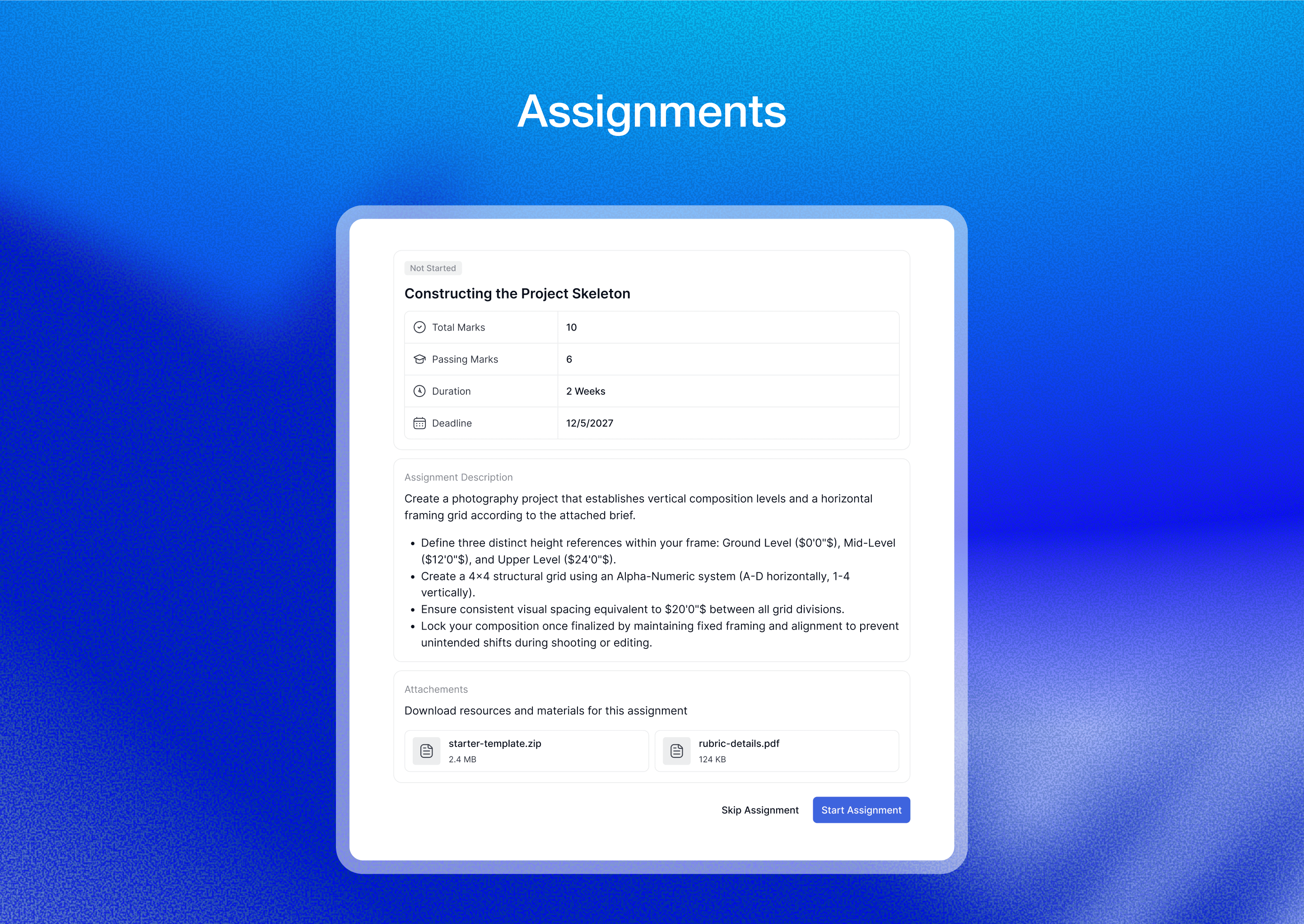Assignments: Manage submissions, reviews, grading, and learner feedback in one place.