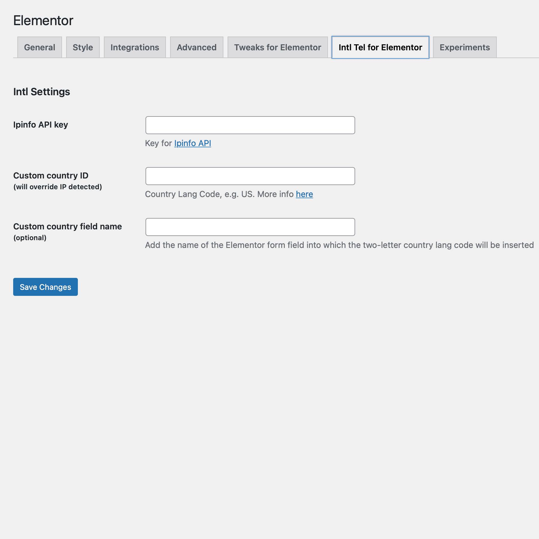 Intl tel Settings screen