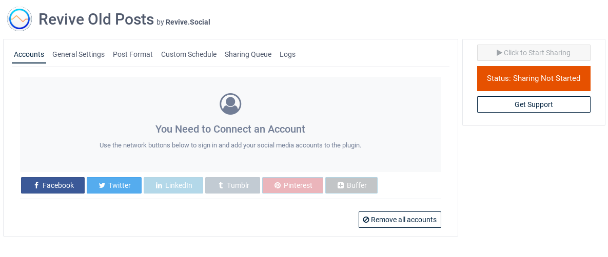 Revive Social dashboard (no accounts connected).