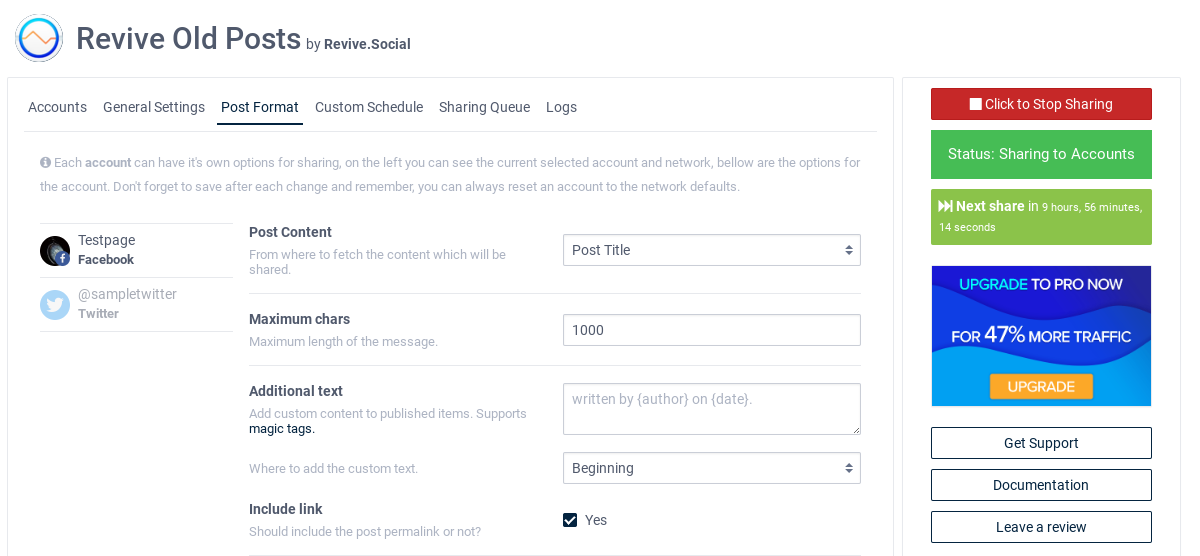 Post Format page, fine-tune your posting format per connected account