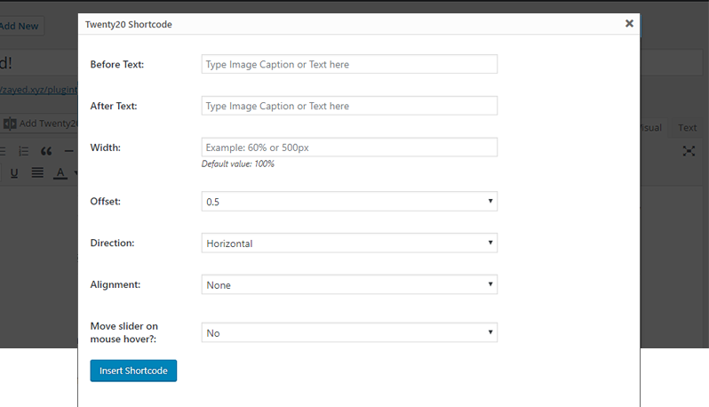 Twenty20 shortcode settings page.