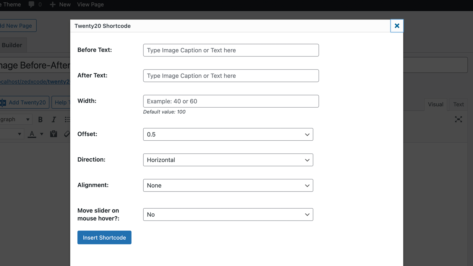 Twenty20 shortcode settings page.