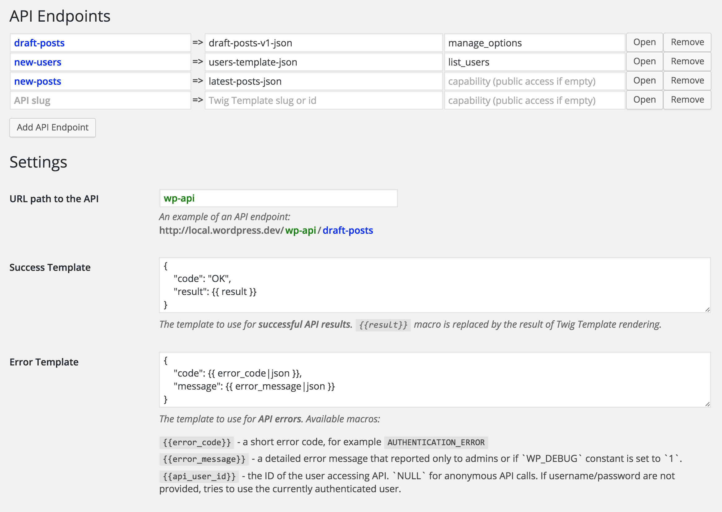 The slick API Endpoints configuration panel with settings for error/success templates, URL names, capability roles set individually per API endpoint, and templates to use for each API.