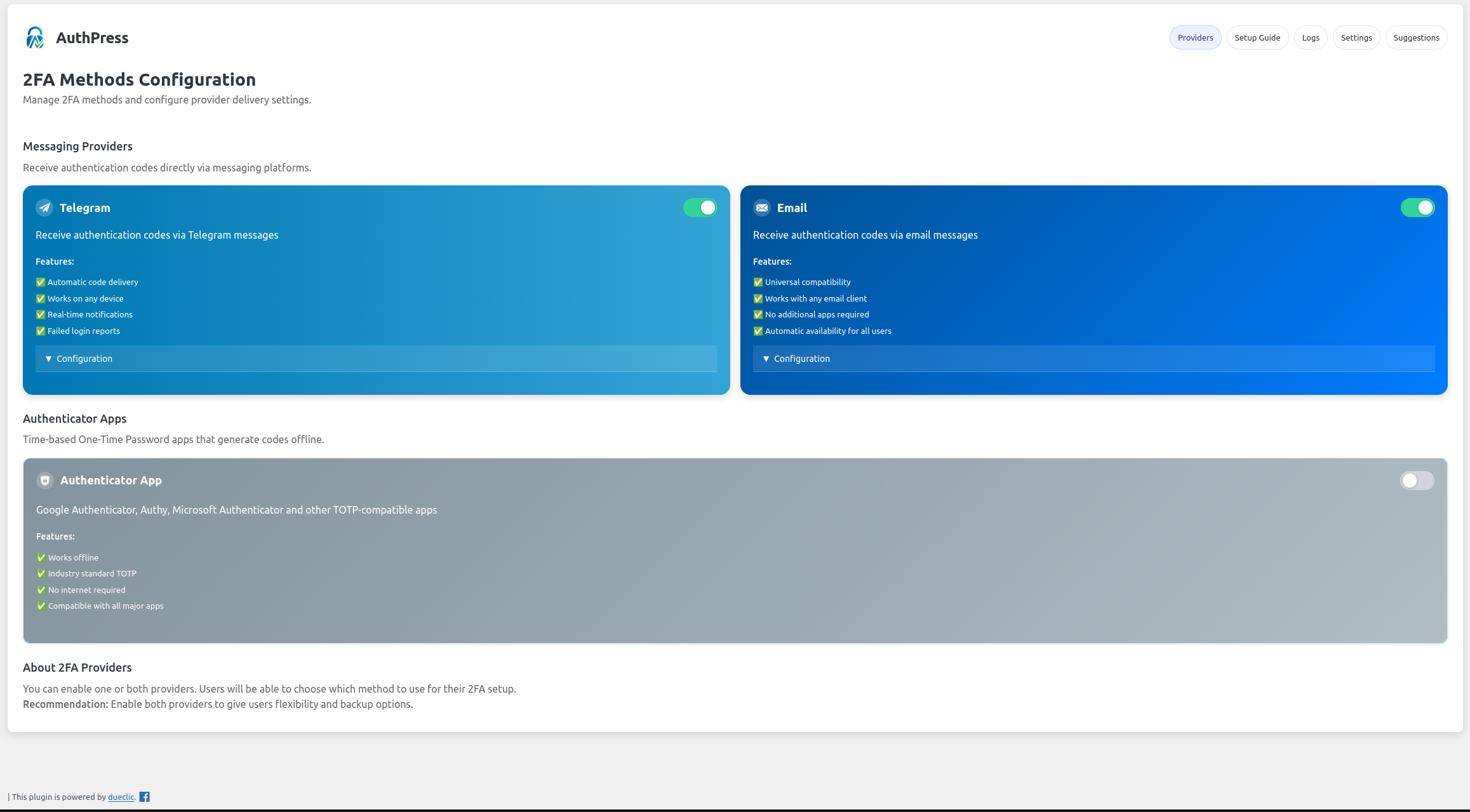 Provider Configuration Dashboard - Central configuration page showing all available 2FA providers: Telegram, Email, Authenticator, and any installed custom providers.