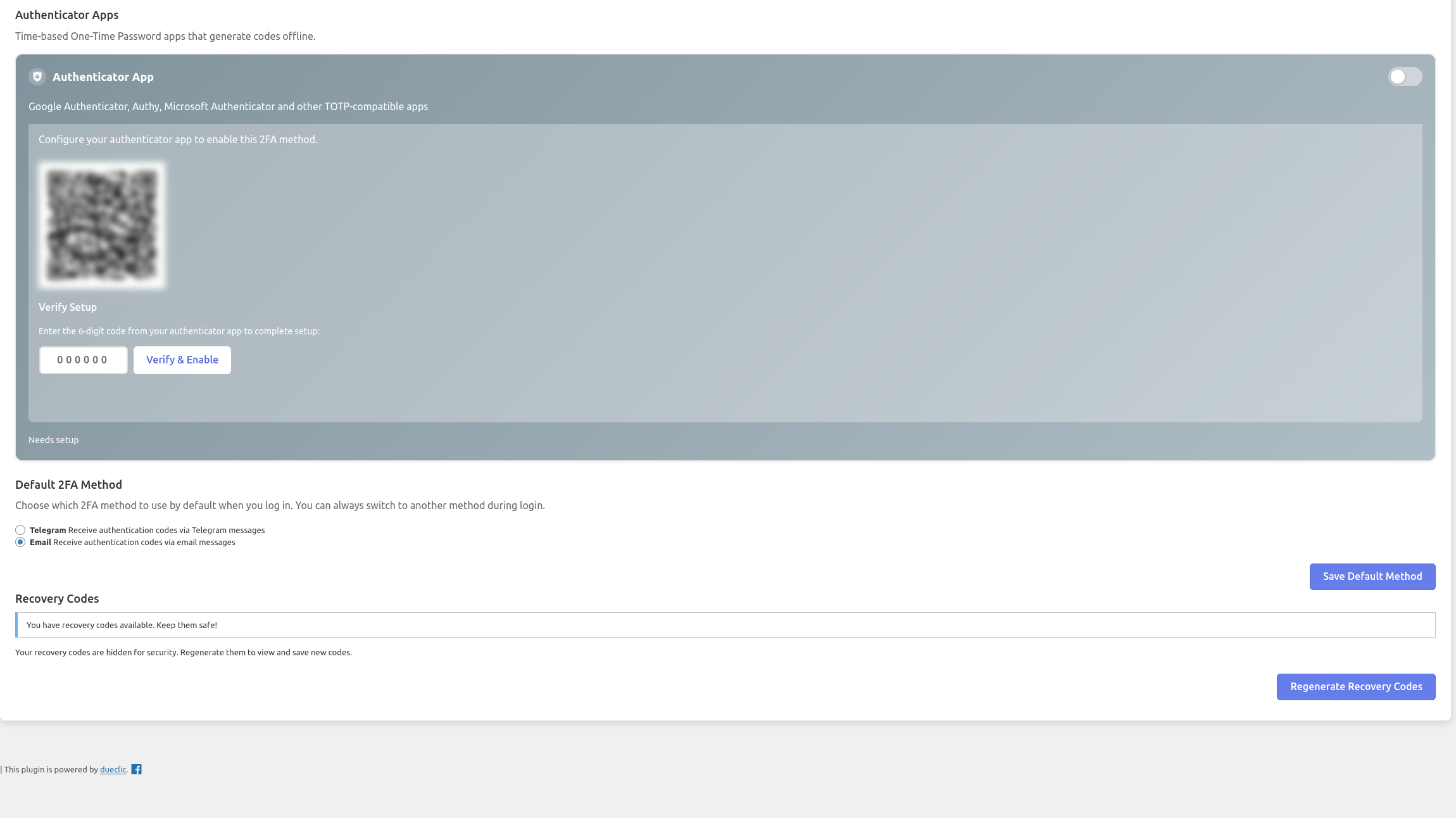 Authenticator App Setup - QR code generation for easy setup with Google Authenticator, Authy, and other TOTP apps..