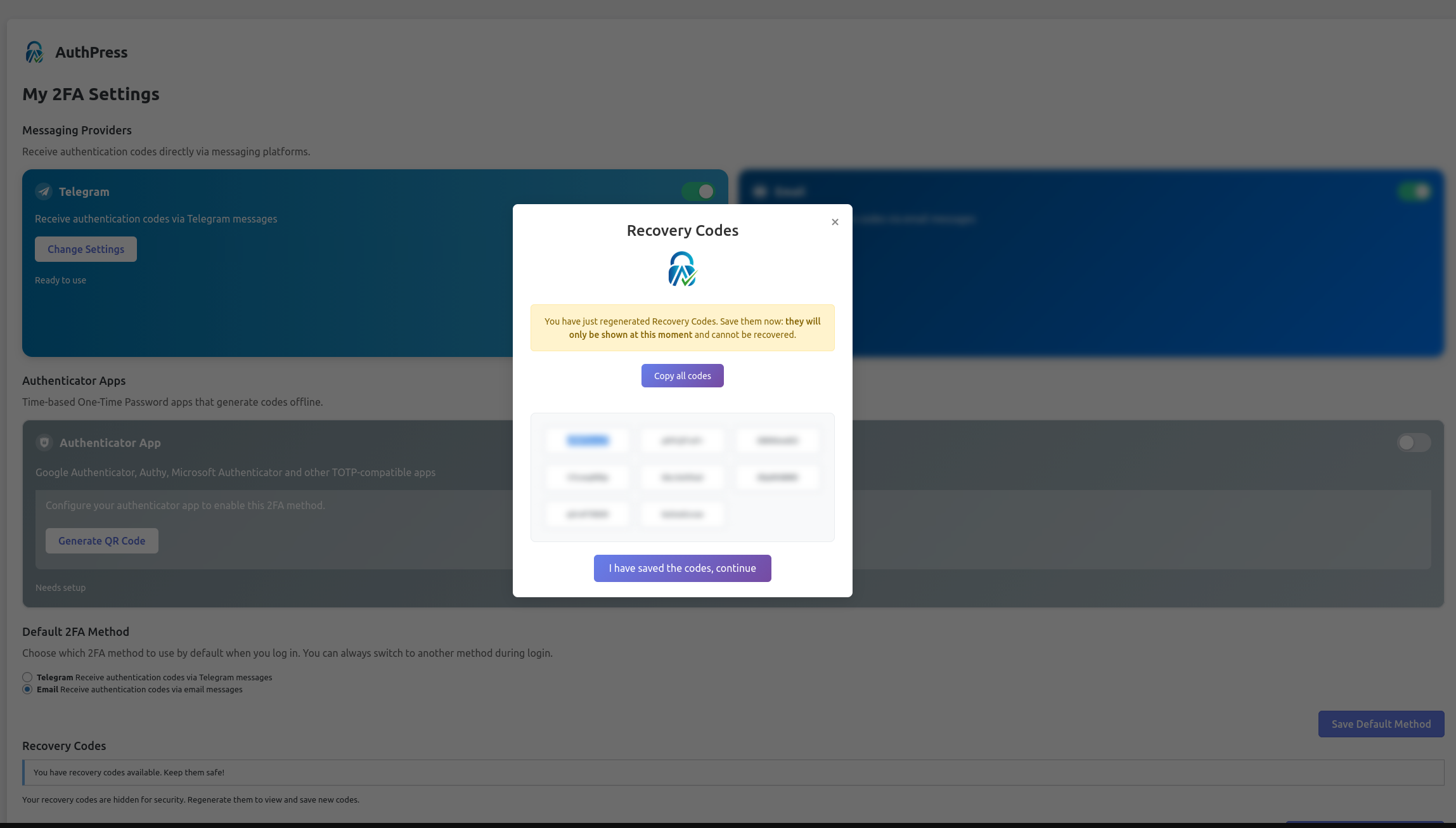 Recovery Codes Generation - Emergency backup codes interface for account recovery when primary methods are unavailable.