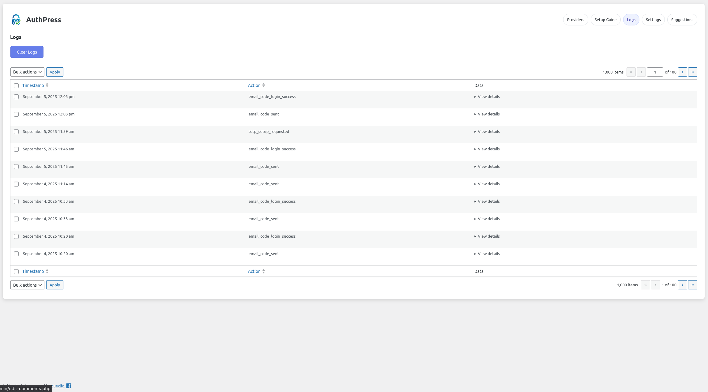 Professional Logging System - Advanced activity monitoring with WP_List_Table implementation, pagination, filtering, and detailed authentication logs.