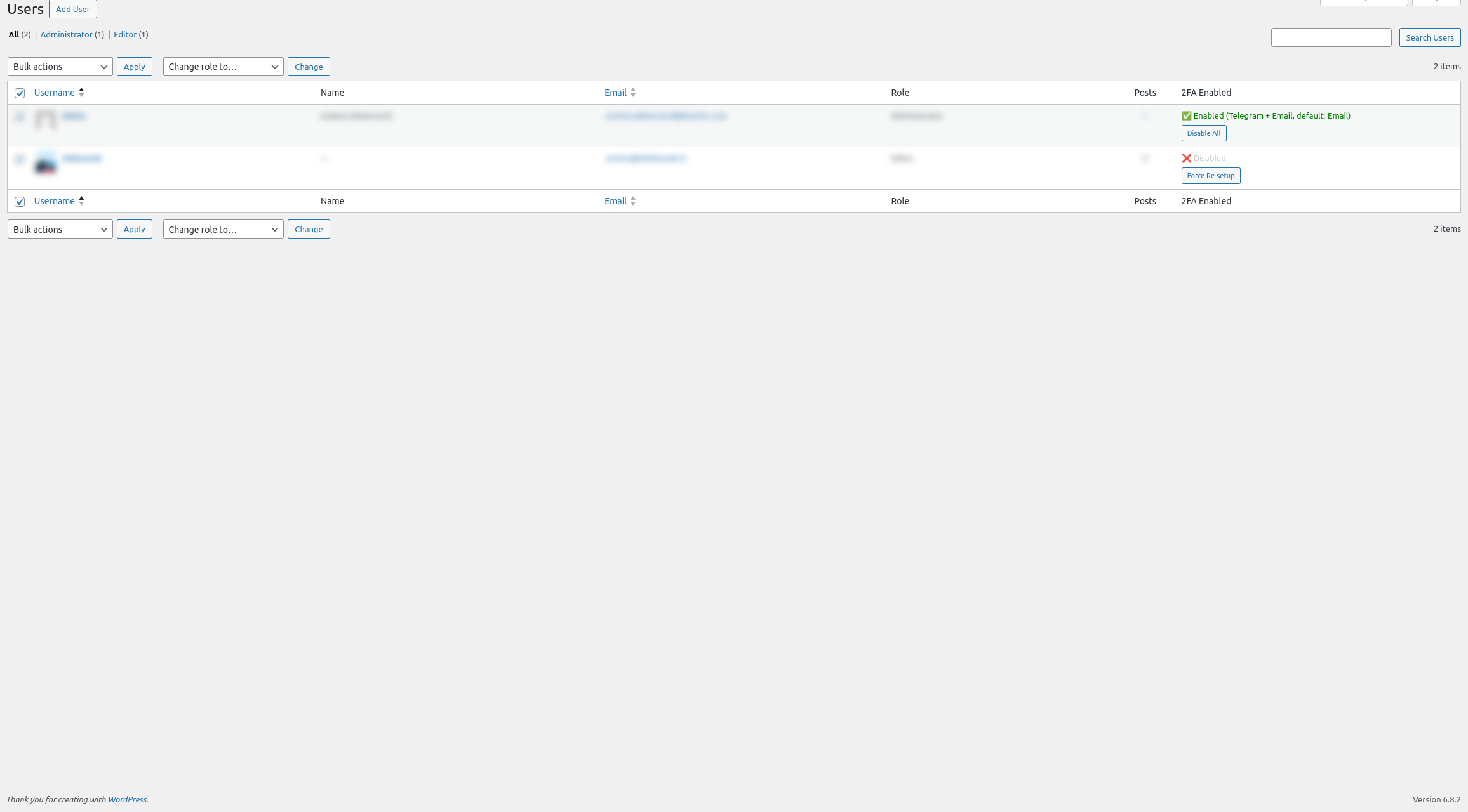 Admin User Management - View all users' 2FA status, manage individual configurations, and monitor security across your WordPress site.