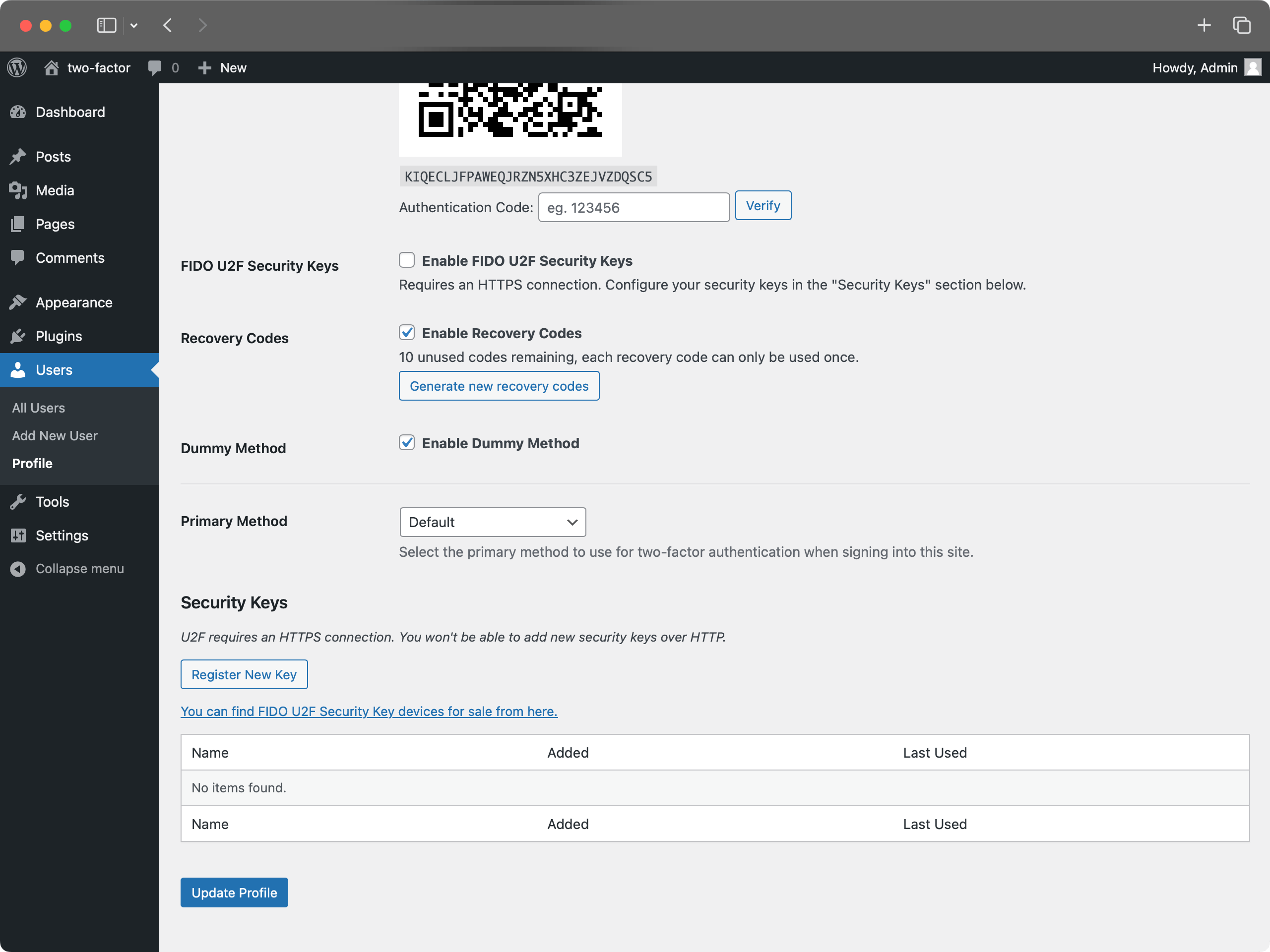 U2F Security Keys section under User Profile.