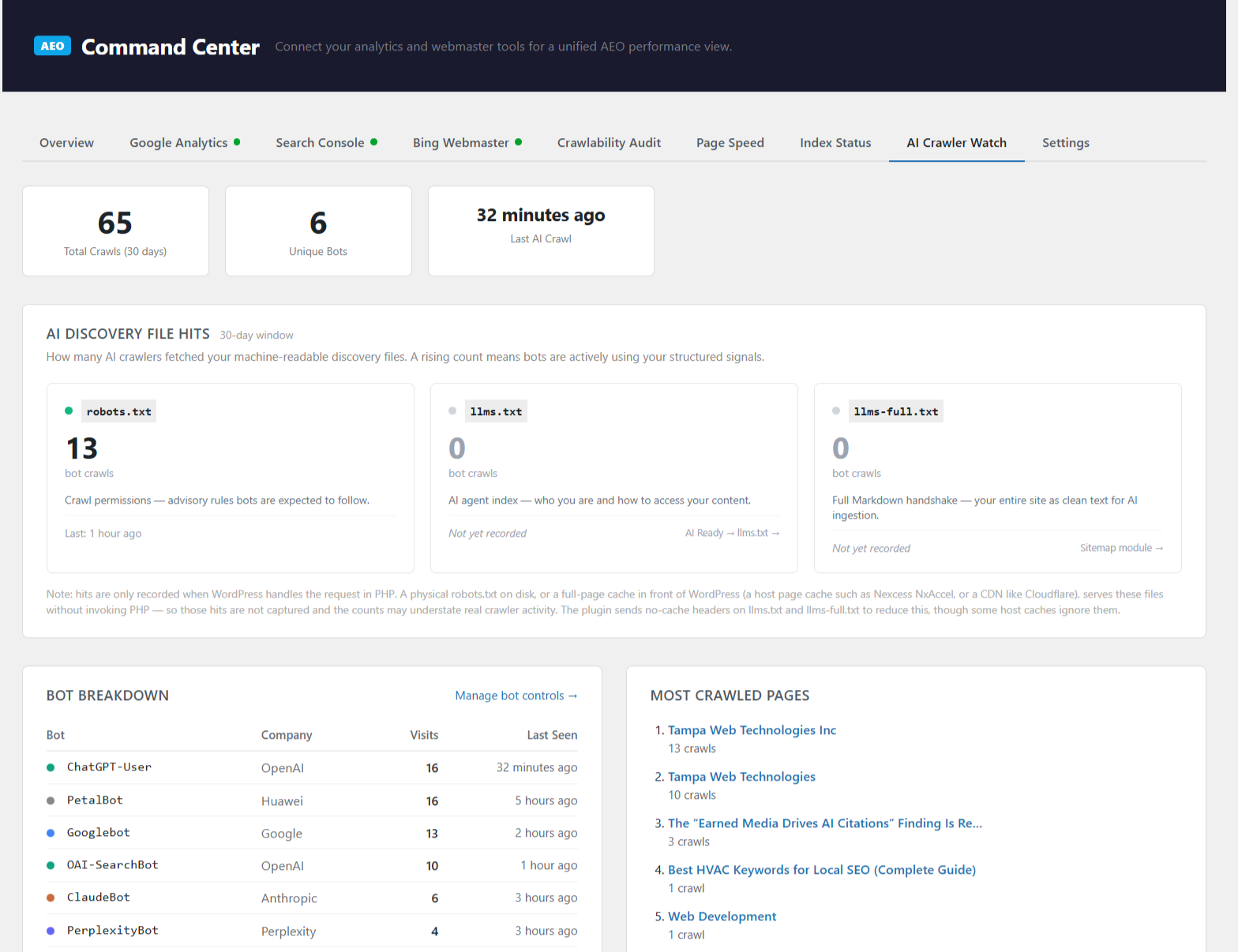Command Center — Real-time AI Crawler Watch monitor and bot traffic breakdown.