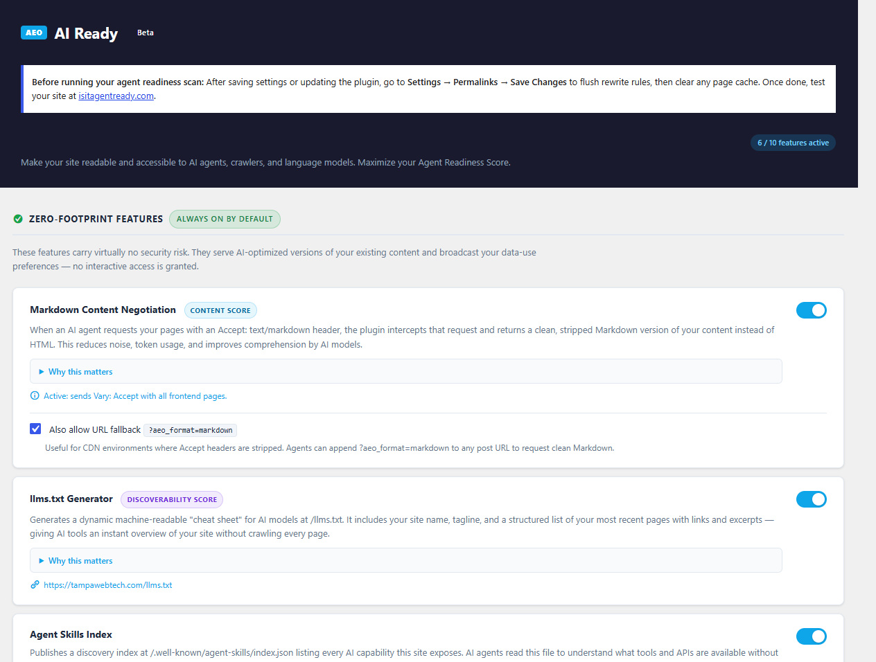 AI Ready Configuration — Per-bot rate limits and block toggles for 20+ AI agents.