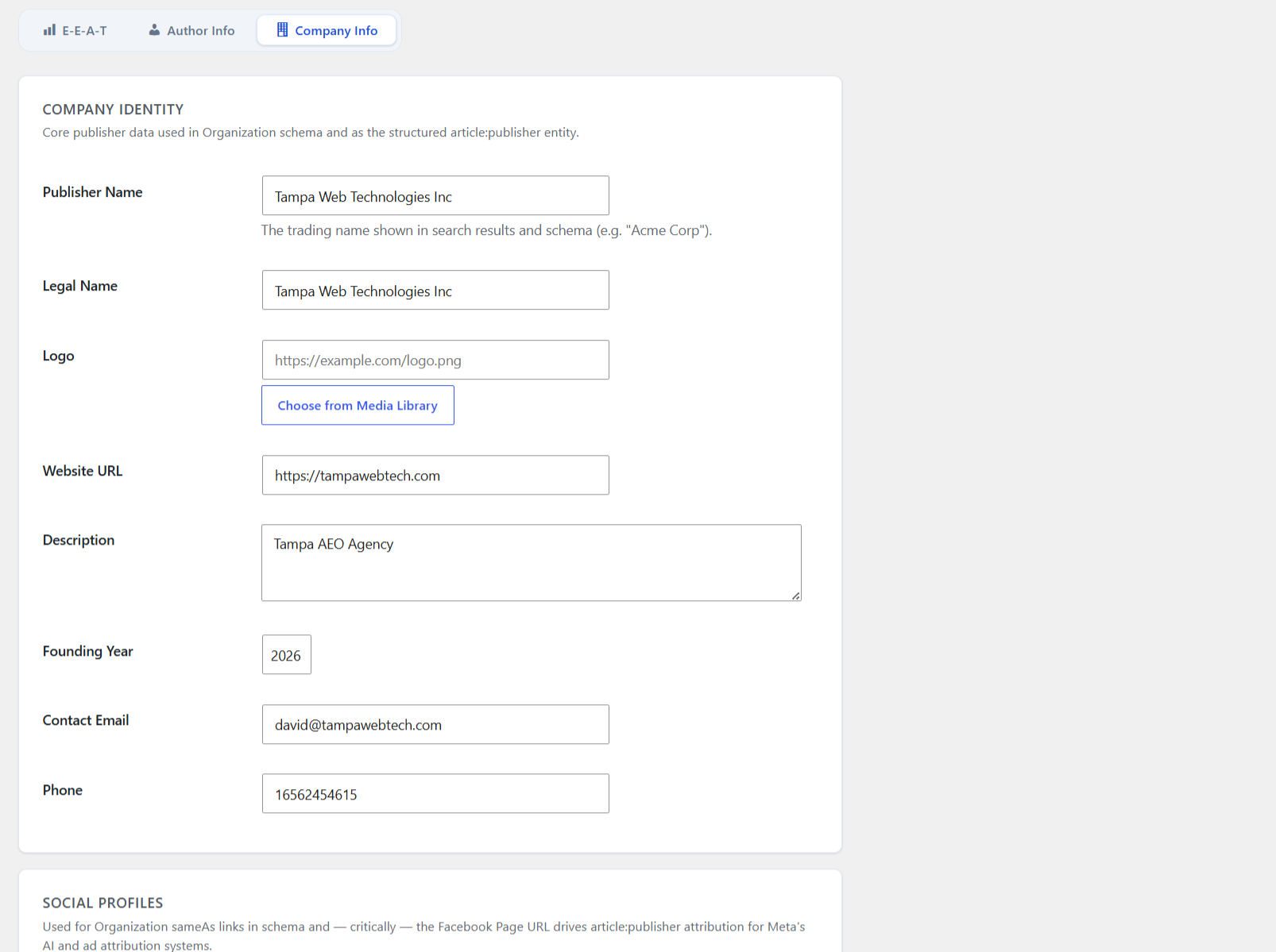 Company Profile Manager — Brand identity fields and Meta Business integration.