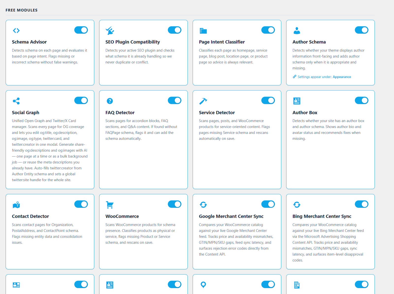 Modules Screen — Enable or disable each feature independently.