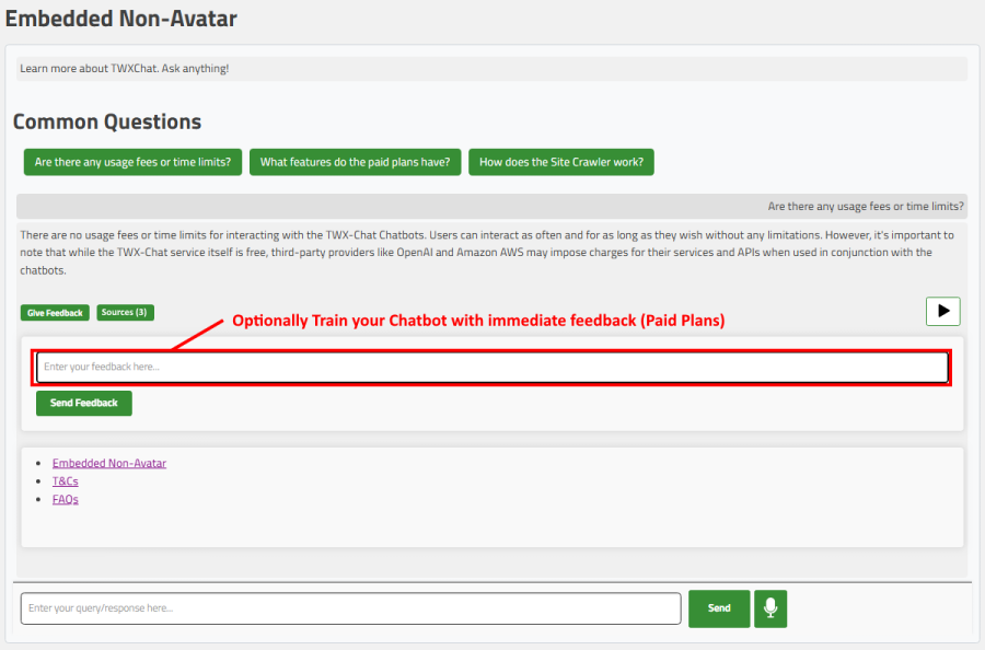 Chatbot in action - Embedded Chatbot with Sources and Feedback