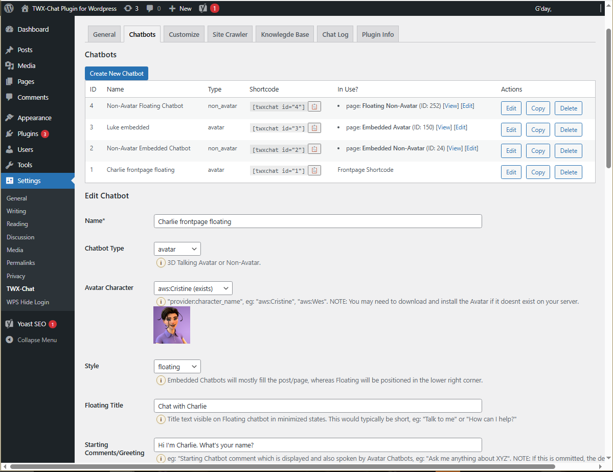 Admin Settings - Chatbots list and Edit