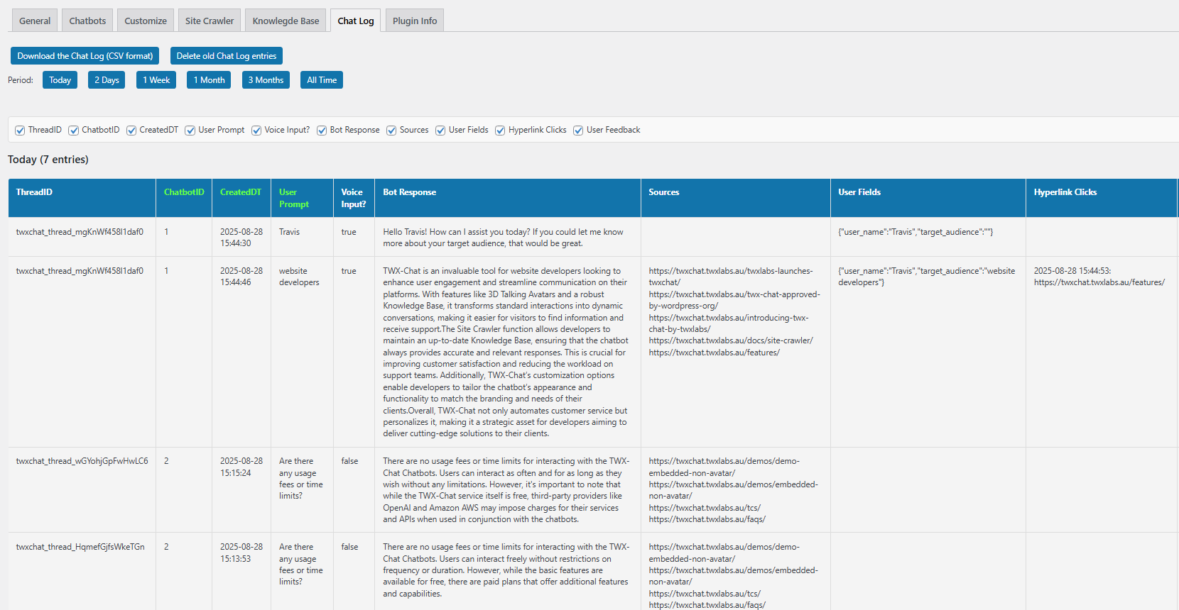 Admin Settings - Chat Log (available in paid plans)