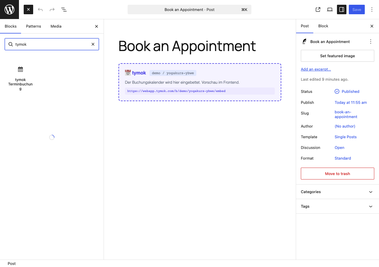 Find the "tymok Terminbuchung" block right in the Gutenberg block inserter
