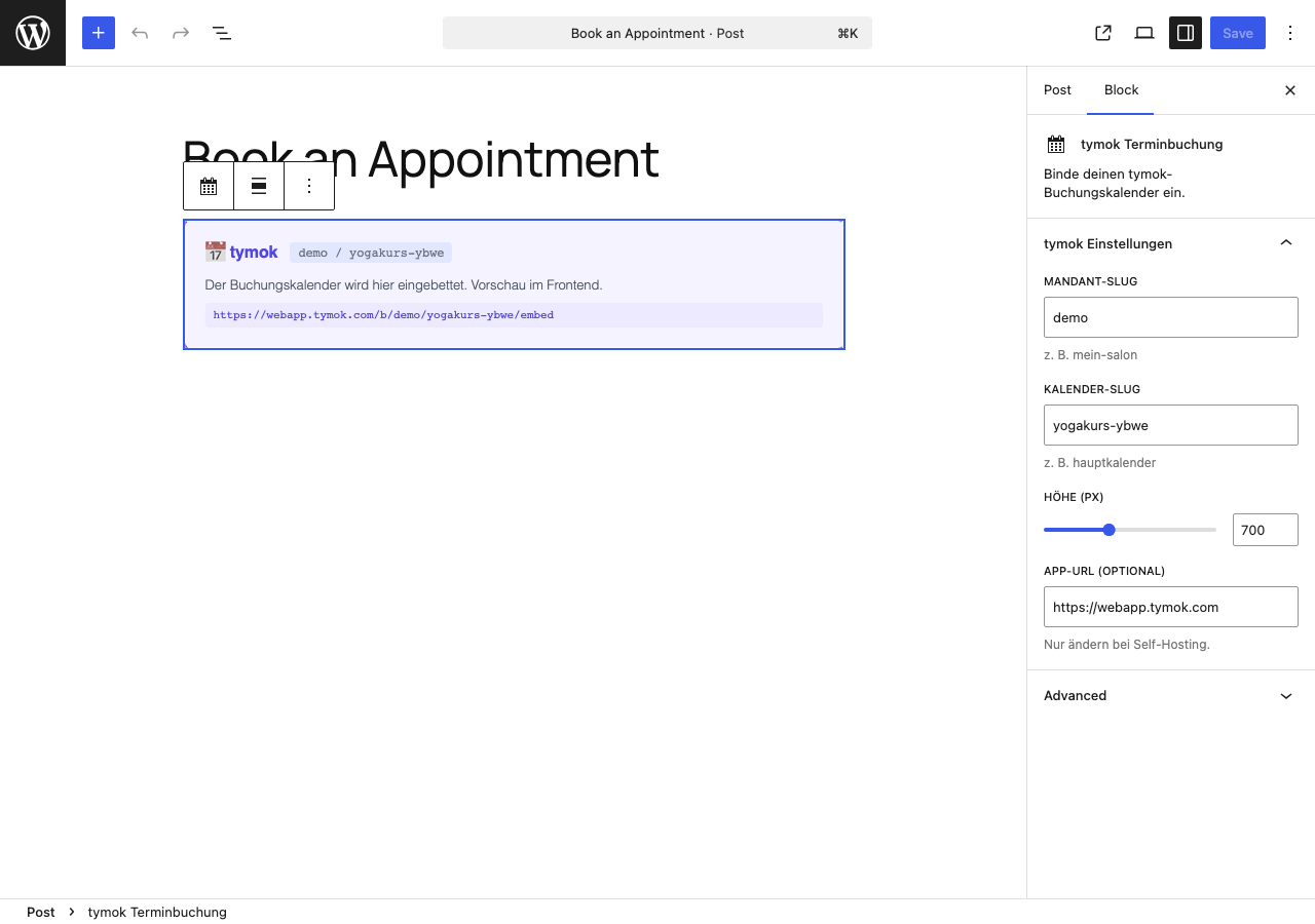 Enter your tenant slug and calendar slug in the block settings sidebar