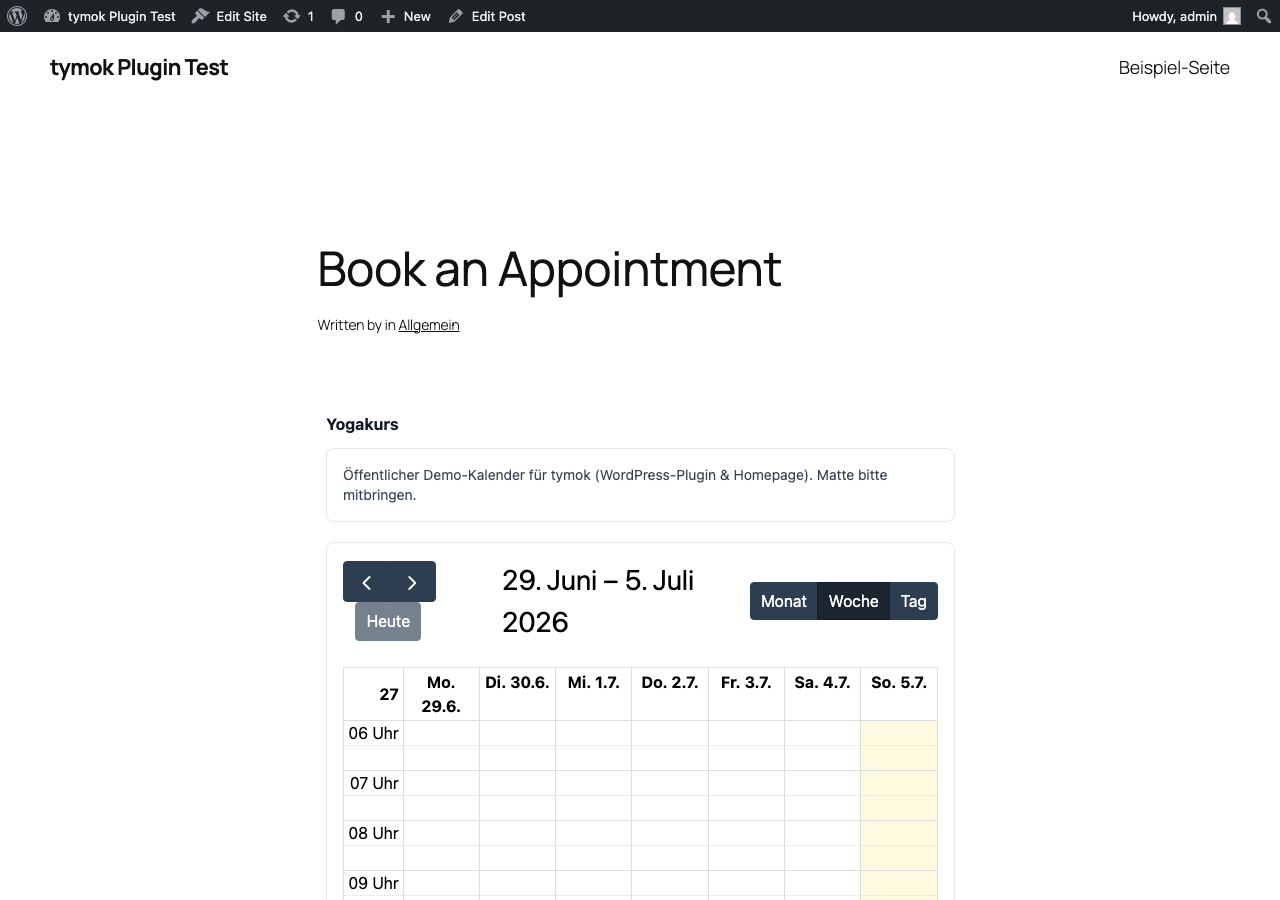 The live booking calendar embedded and working on the published page
