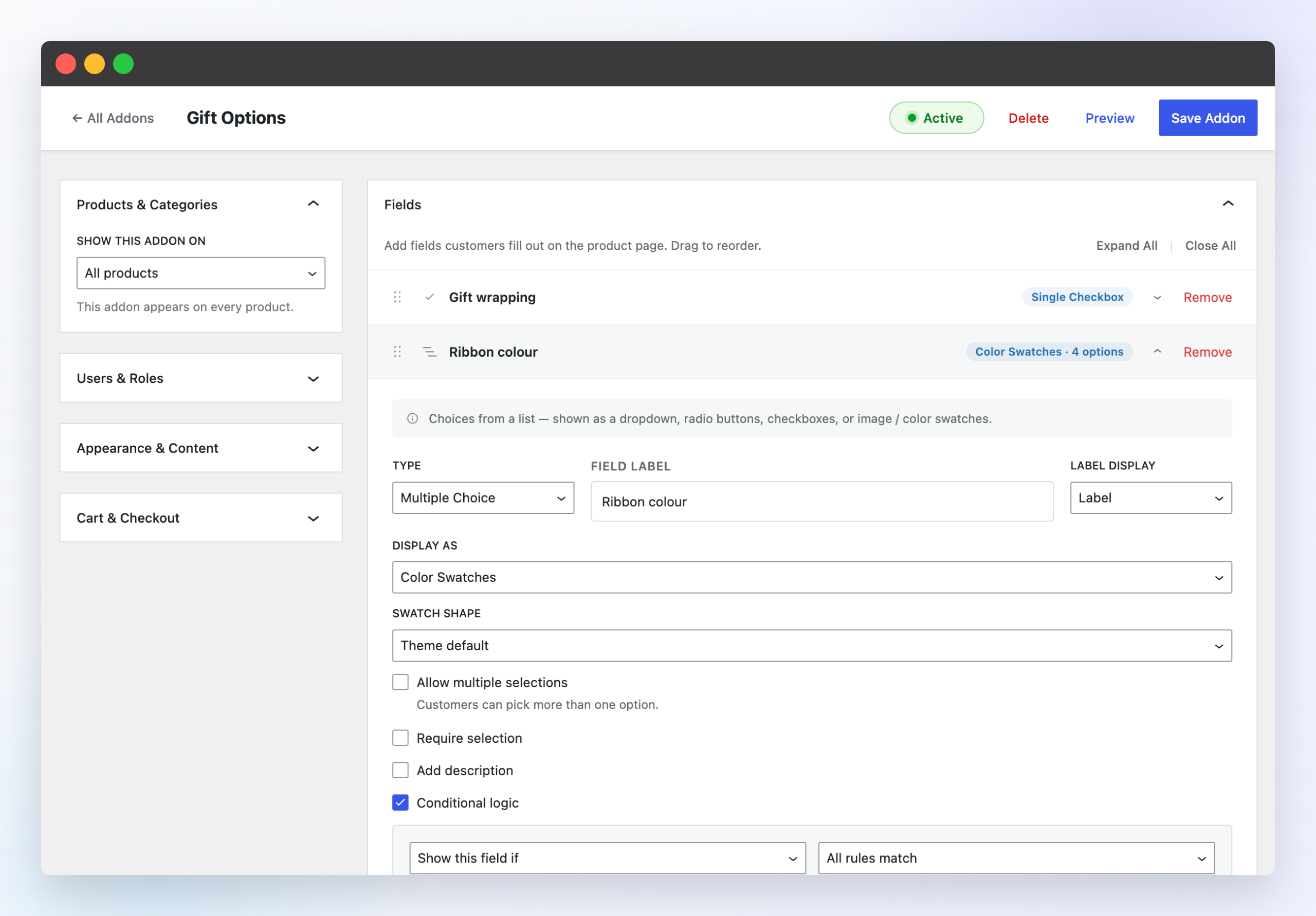 The addon group builder — fields, options and pricing in one screen