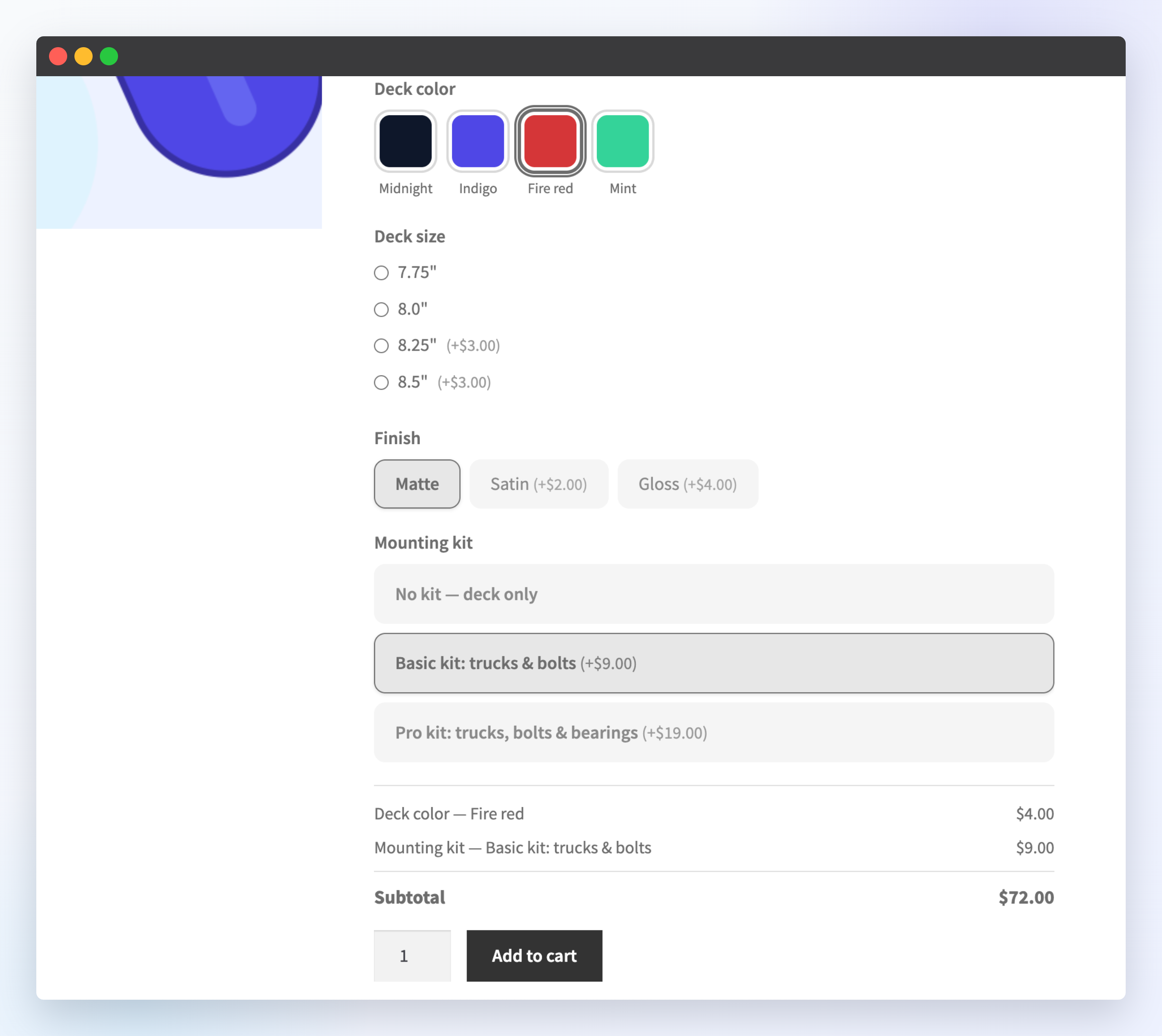 Addons on the product page — color swatches, buttons, pills and cards, with the live totals box