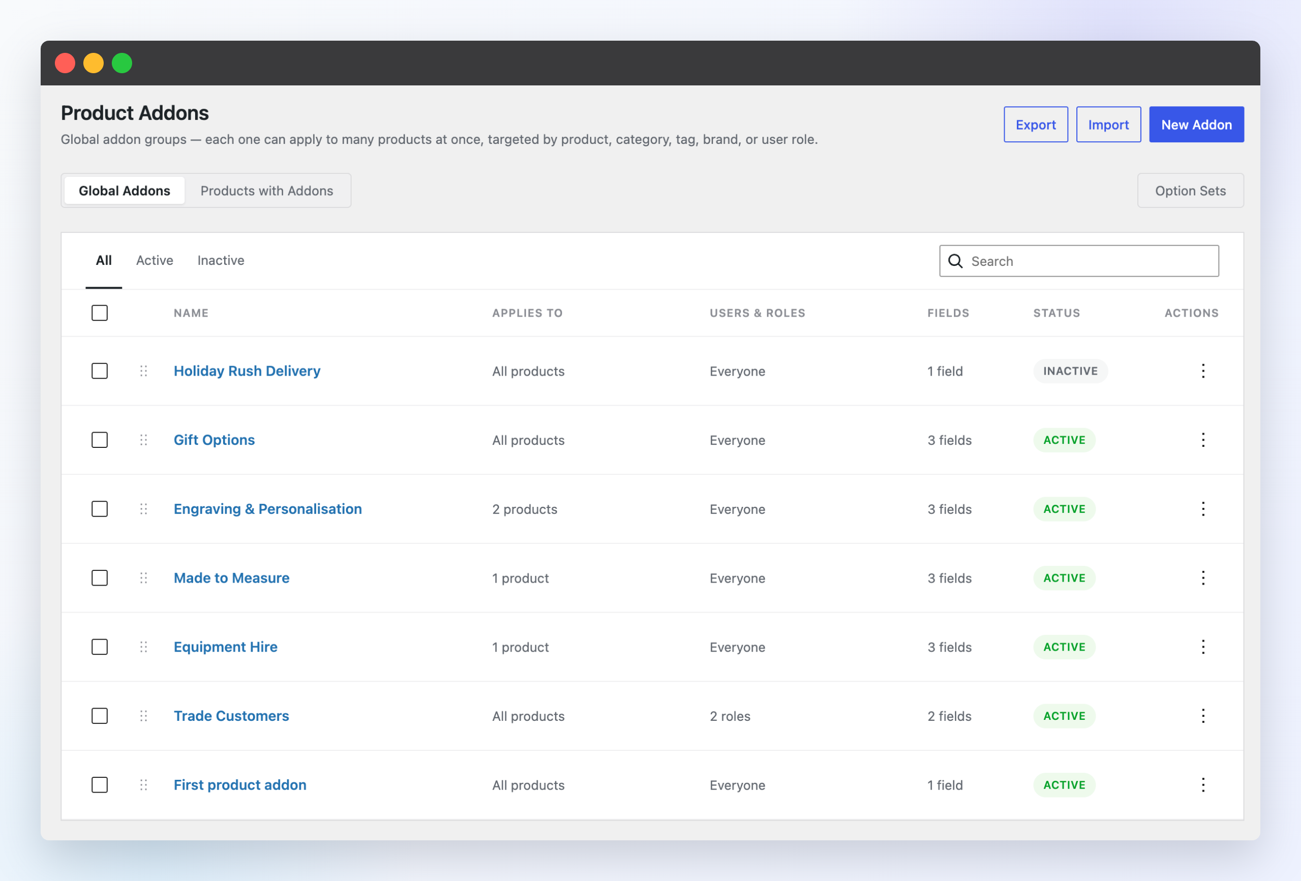The addon groups list — targeting, status and bulk actions at a glance