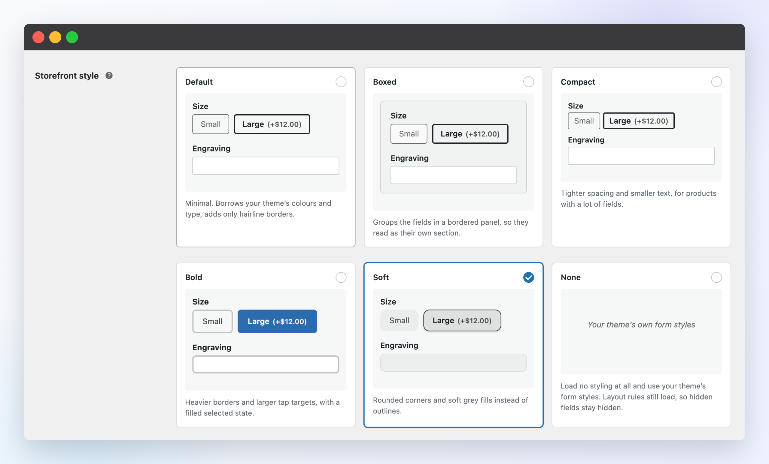 The six storefront styles previewed live in settings