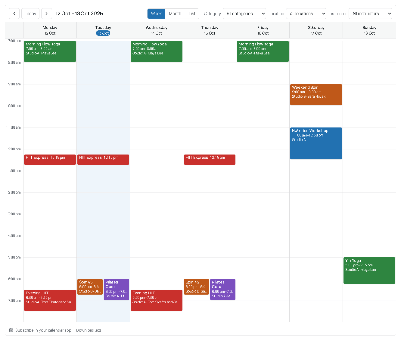 Week view with colour-coded categories and overlapping classes side by side.