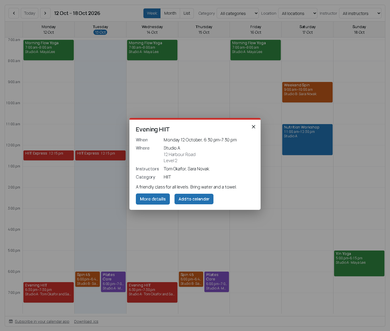 Event details popup with location, instructor and "Add to calendar".