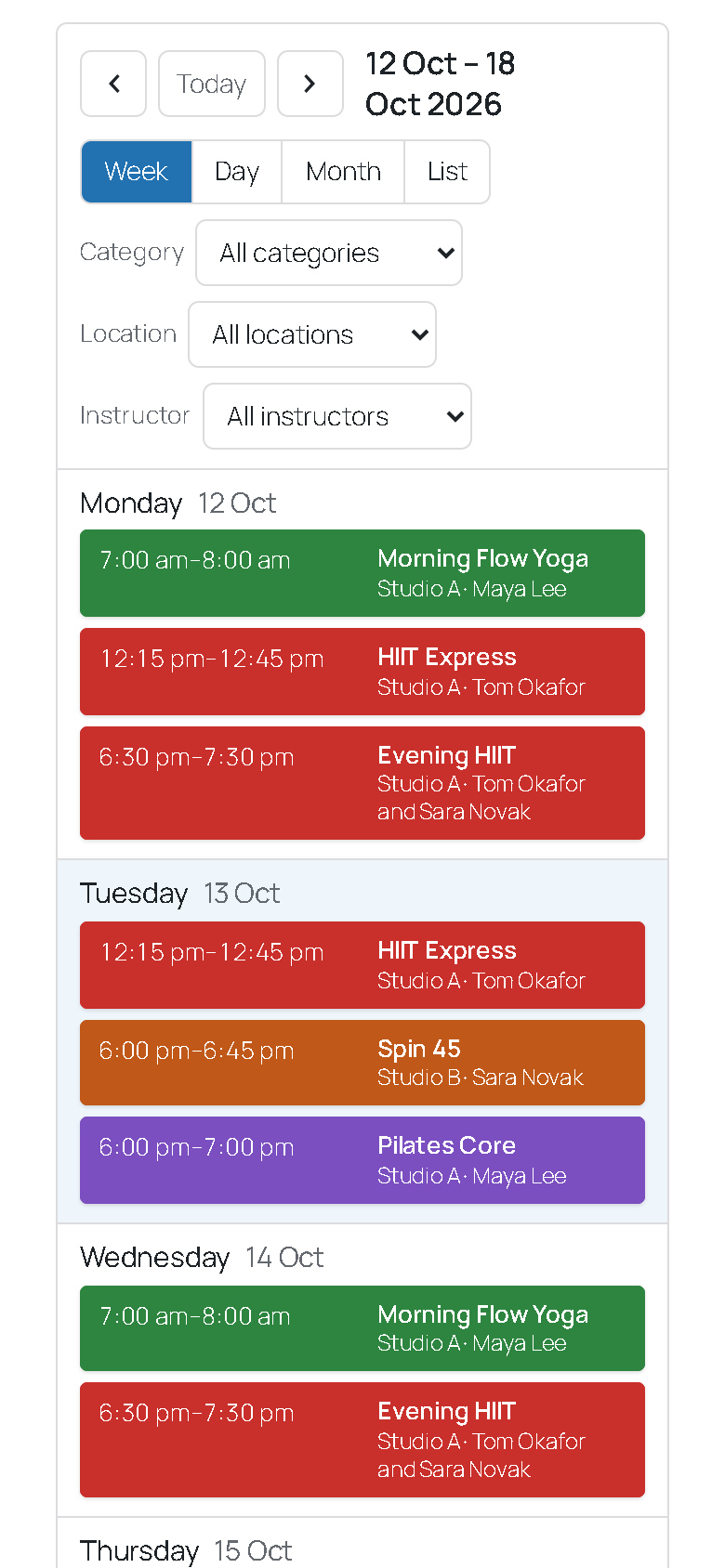 On a phone: the week as a list per day.