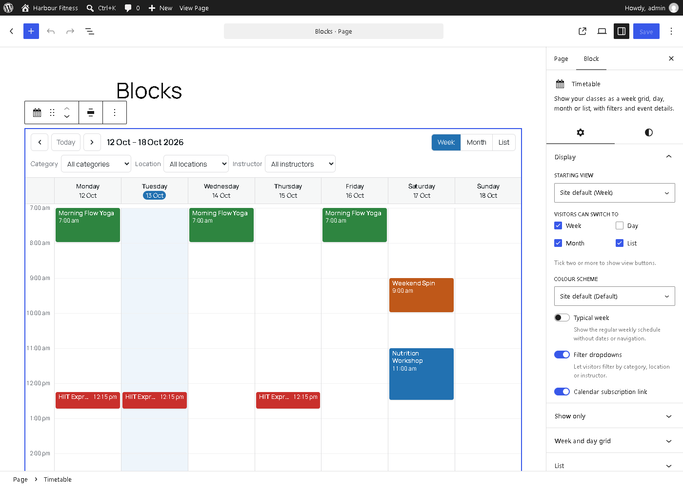The Timetable block and its settings in the editor (the Upcoming Classes block works the same way).