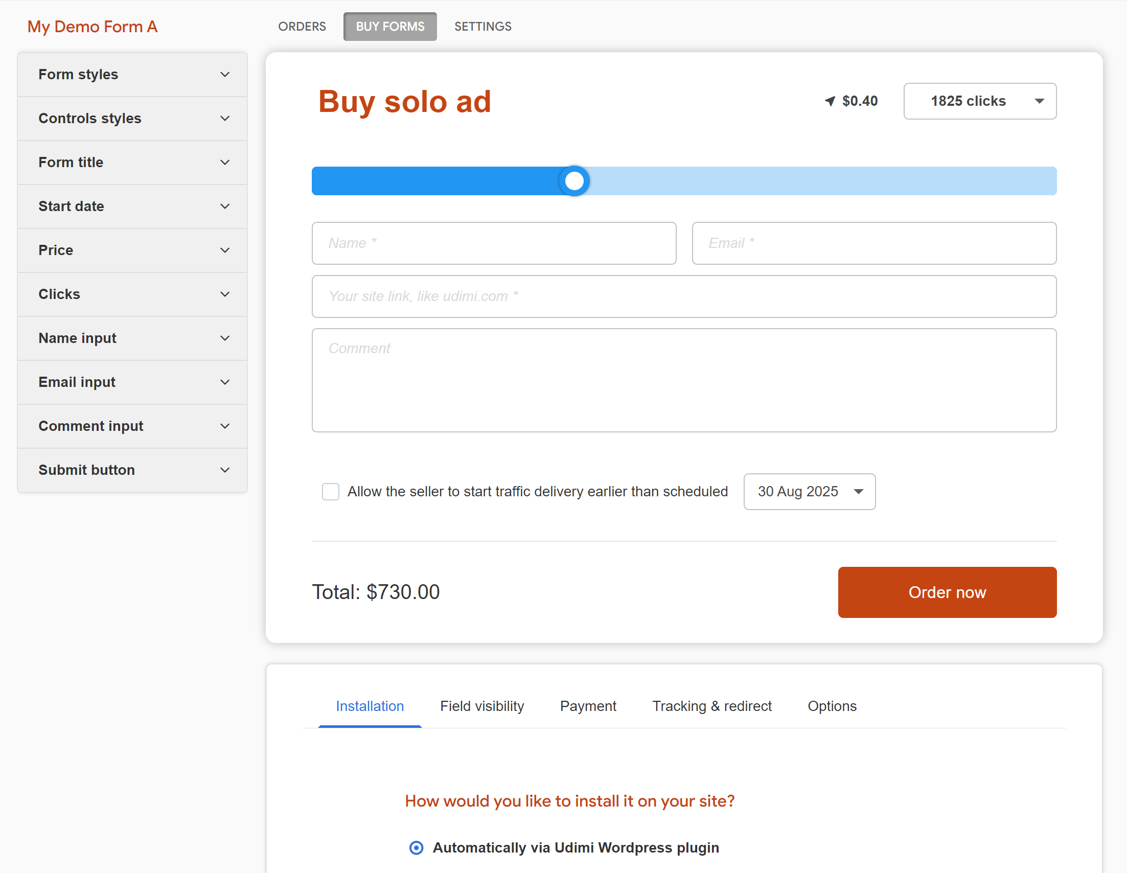 Create a Buy Solo Ad form in Udimi