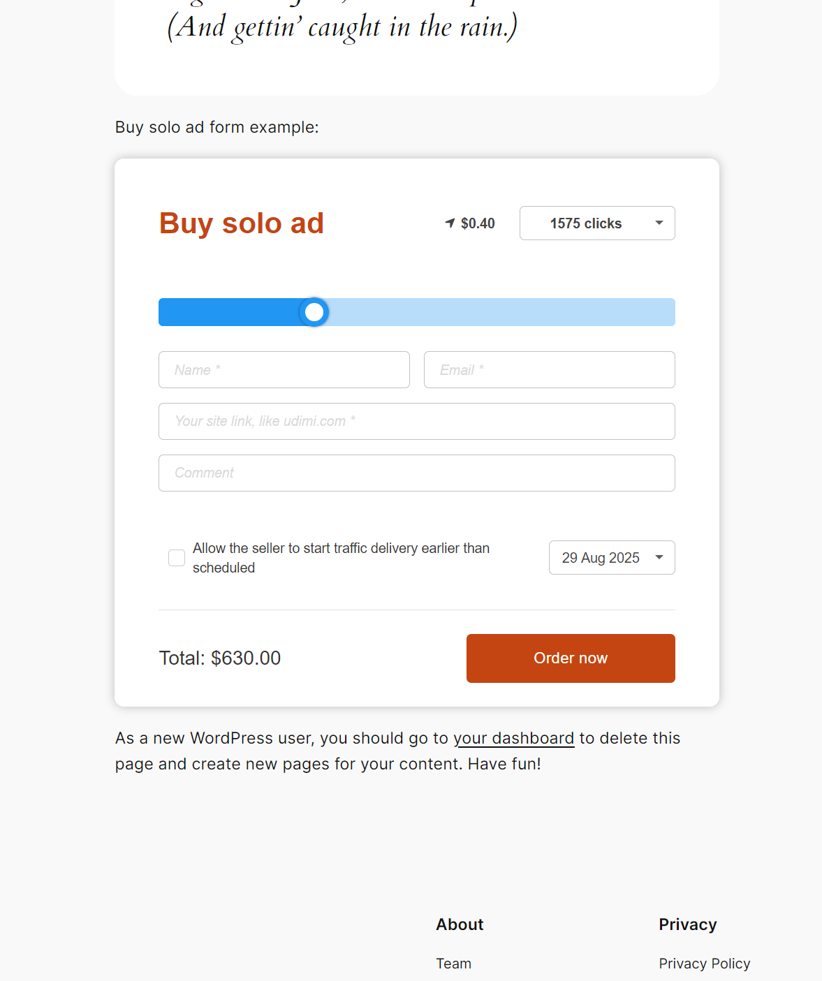 Buy Solo Ad form embedded on a WordPress blog