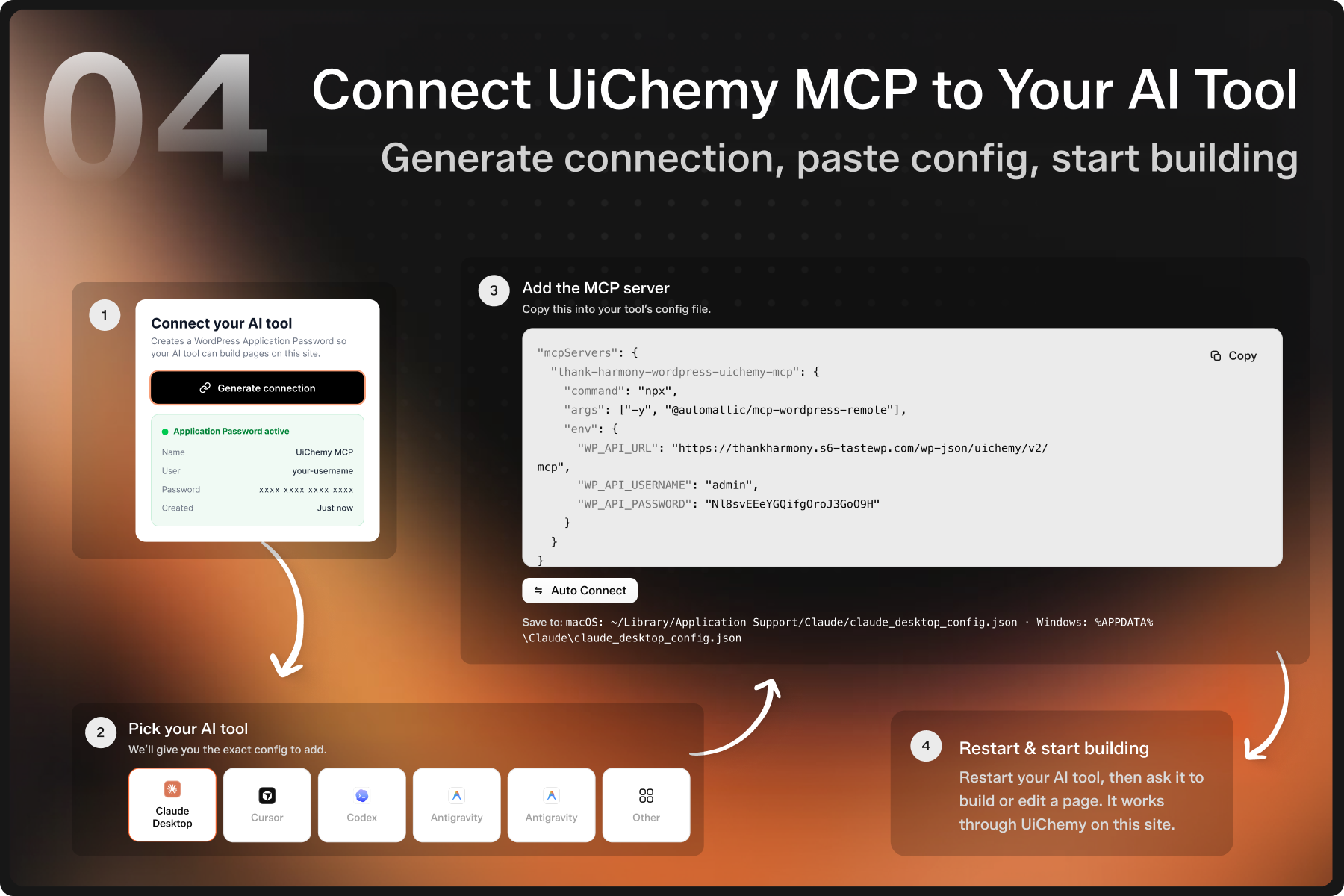 Connect UiChemy MCP to Your AI Tool : Generate the connection, paste the config, and start building