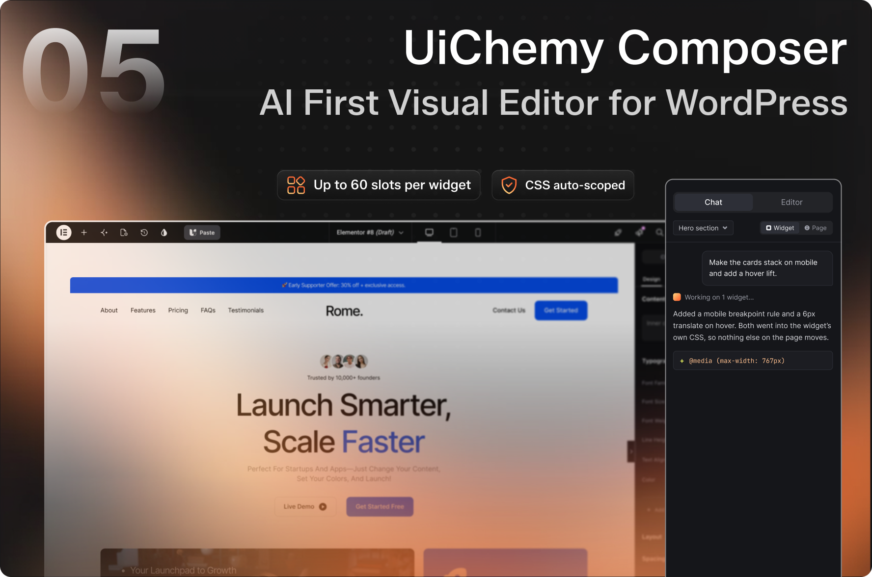UiChemy Composer : AI First Visual Editor for WordPress, with per-widget slots and auto-scoped CSS