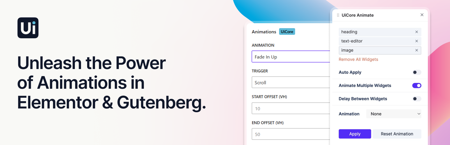 WordPress 外掛 UiCore Animate – Free Animations, Transitions, and Interactions Addon for Elementor & Gutenberg blocks 的封面圖片。