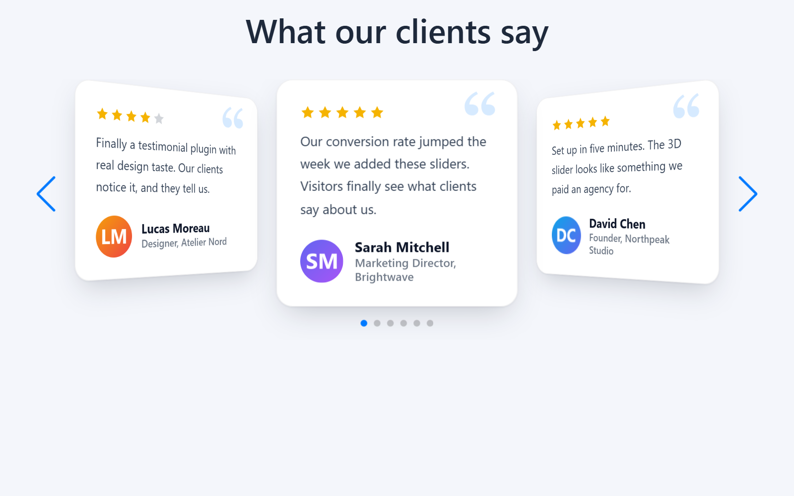 3D coverflow testimonial slider with star ratings.