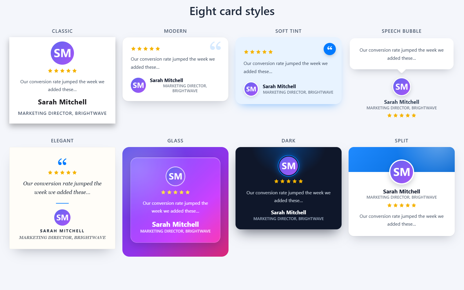 Eight card styles: Classic, Modern, Soft tint, Speech bubble, Elegant, Glass, Dark and Split.