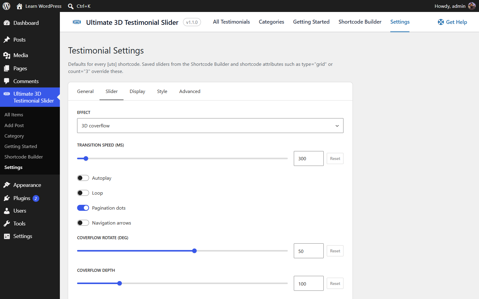 Settings: the defaults for every slider, from layout and effect to autoplay, colors and more.