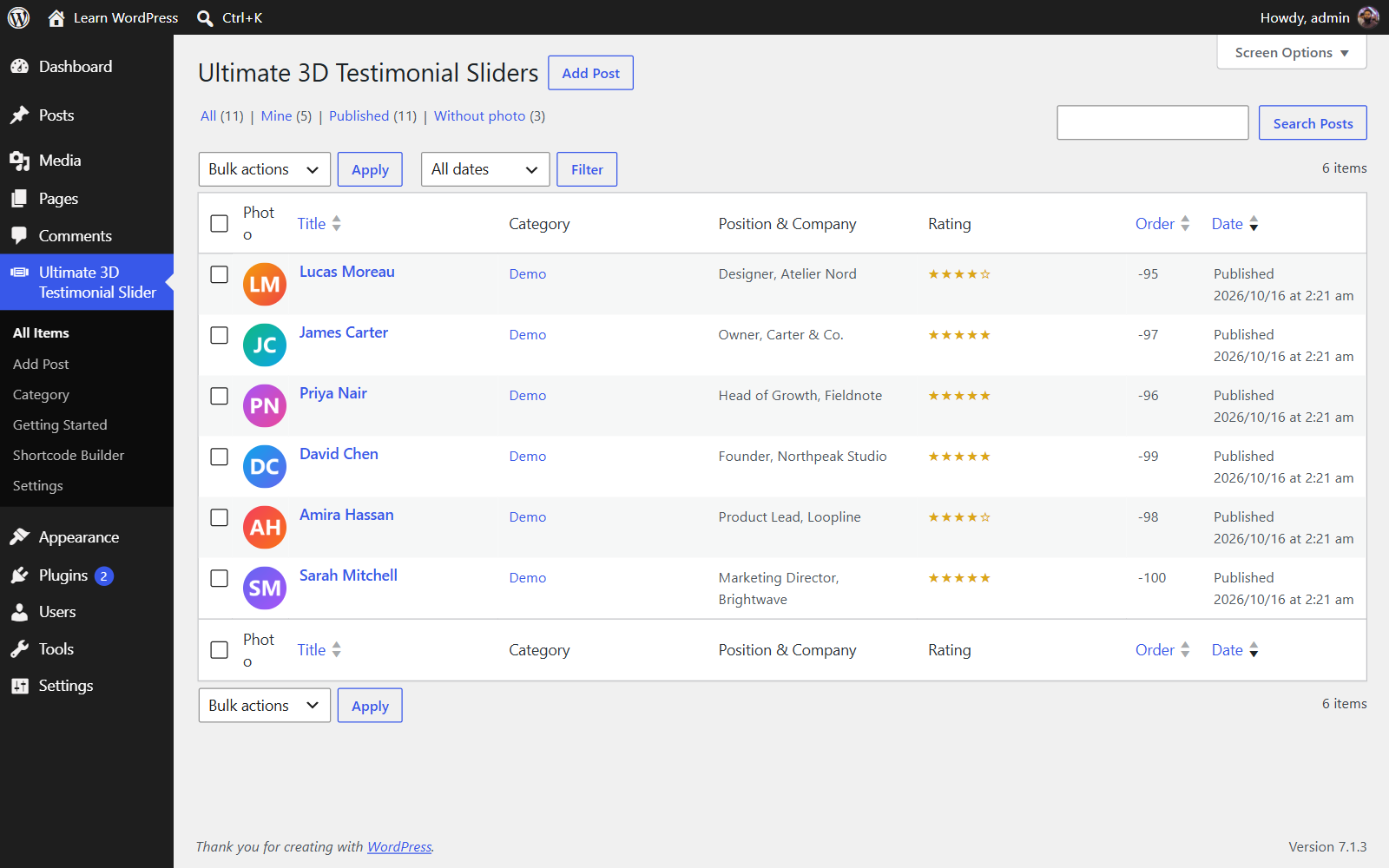 Testimonials list with photo, position & company, rating and order columns.