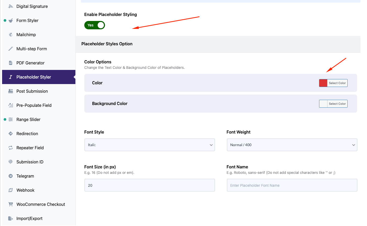 Placeholder Styling (Settings)