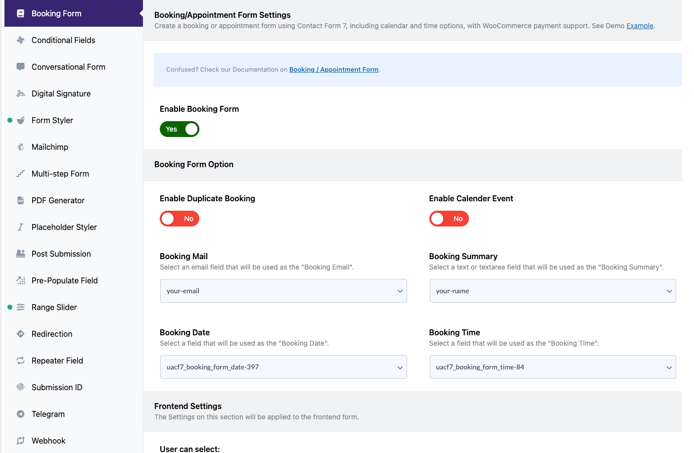 Booking/Appointment Form (Settings)