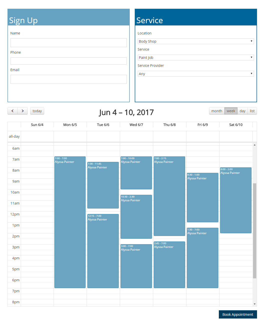 Sample appointment scheduling start page