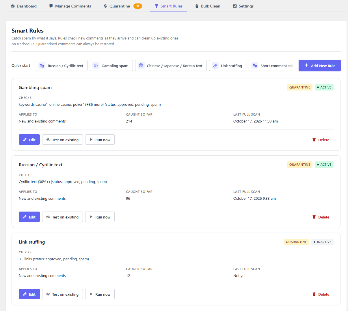 Smart Rules: ready-made rules for Russian, gambling, Chinese, link and pharmacy spam.
