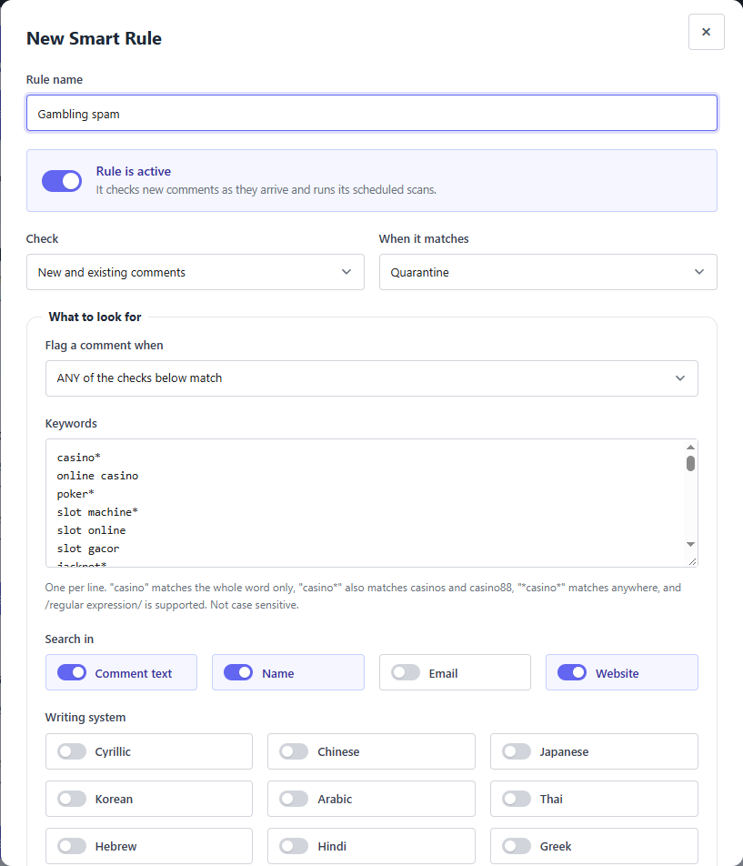 The rule editor: keywords, writing systems, links and status, with a clear active switch.