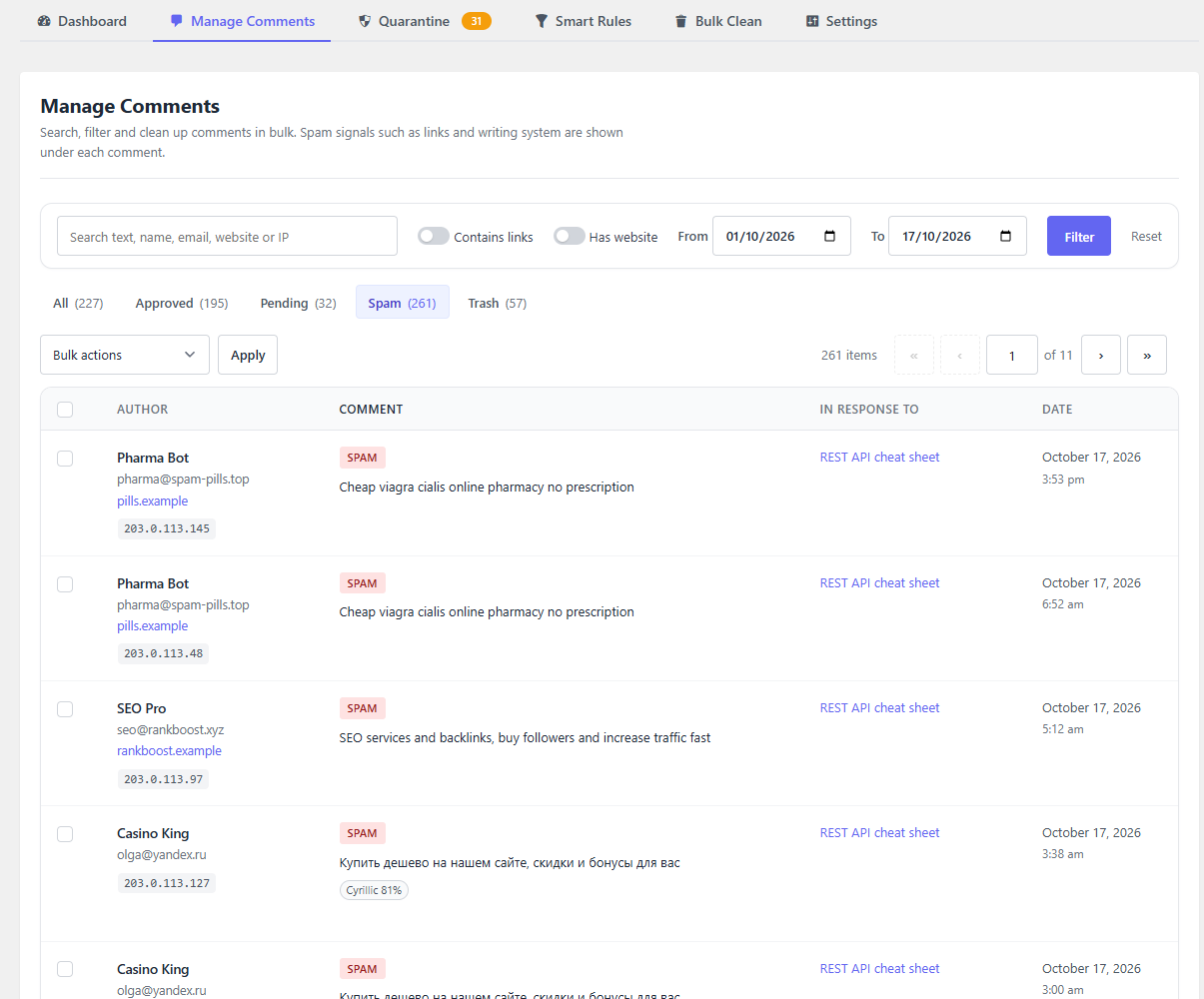 Manage Comments: search, filter and bulk-manage every comment, with spam signals under each one.