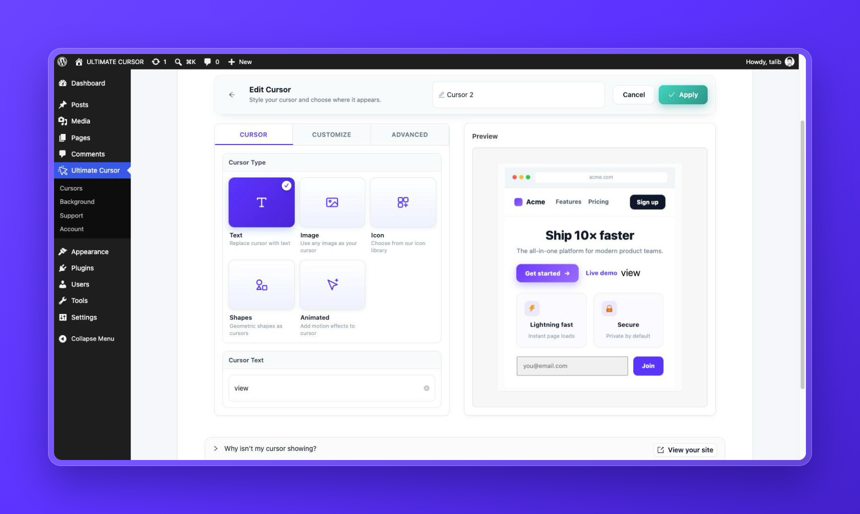 Choose a cursor type — Text, Image, Icon, Shapes, or Animated — and see it in the live preview.