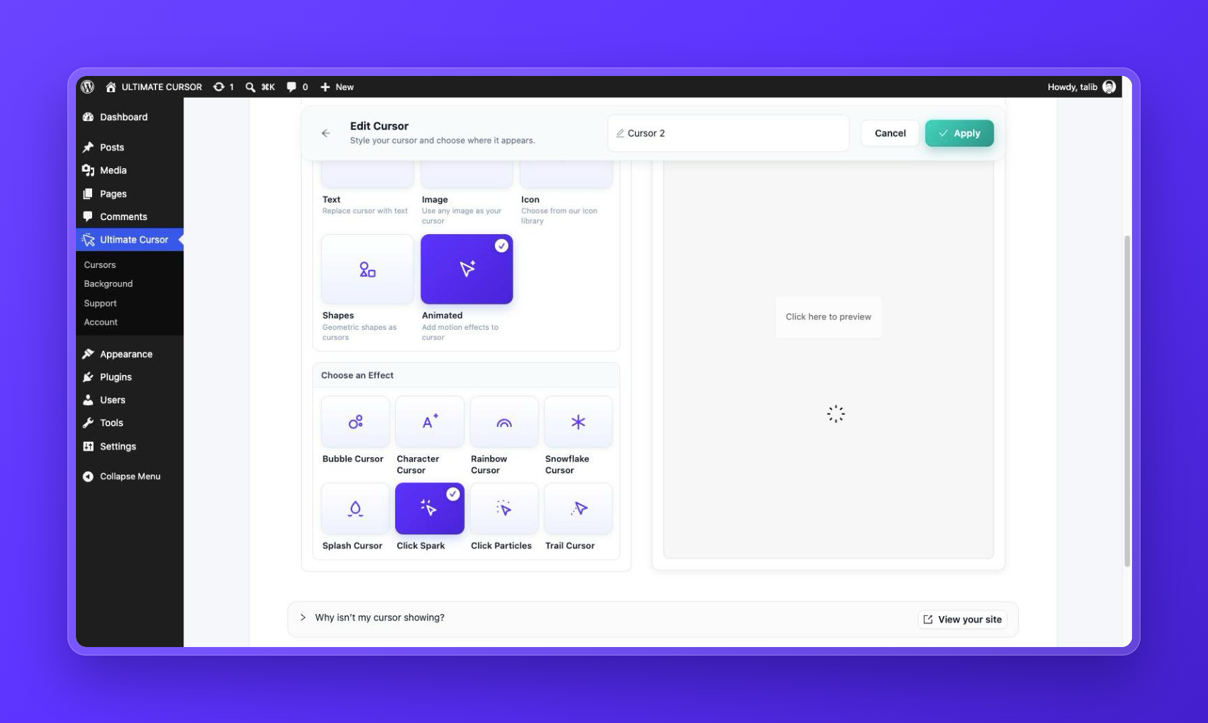 Click Spark effect: sparks appear on every click.