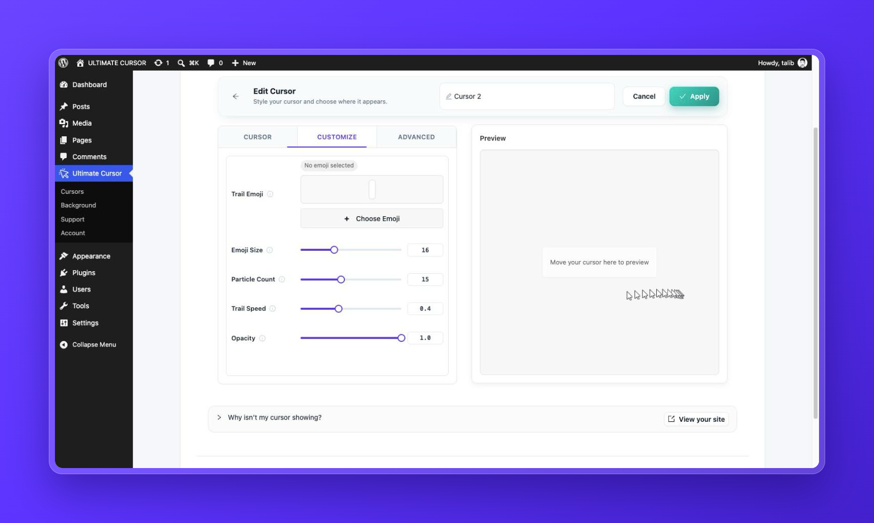 Settings for an animated effect, here Trail: emoji, size, particle count, speed, and opacity (Pro).